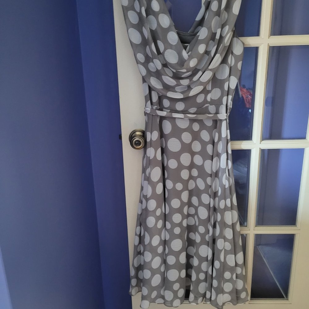 NWOT Cowl-neck Polka Dot Chiffon Dress by MSK, size 12, Gray and White